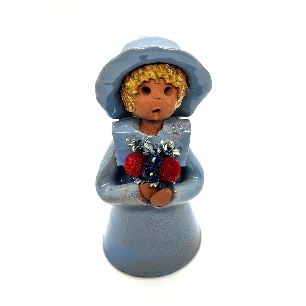 Vtg Handmade Girl With Dried Flowers Clay Pottery Figurine Singing Blue Dress
